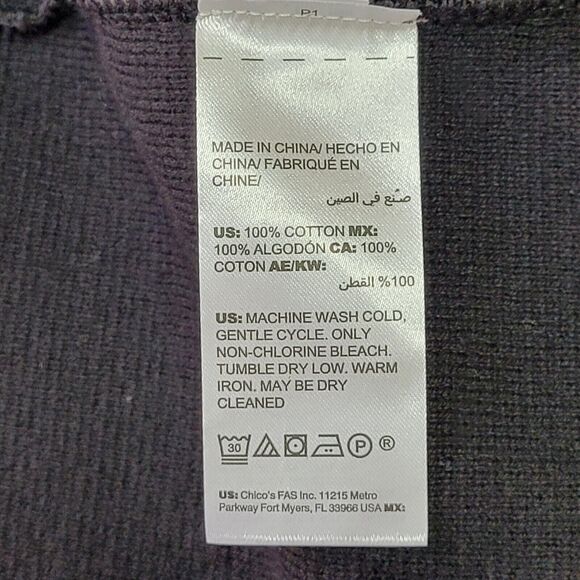 CHICO'S Size Black Longline Cardigan Size 2 / L Open Front Cotton Knit Classic - Picture 7 of 7